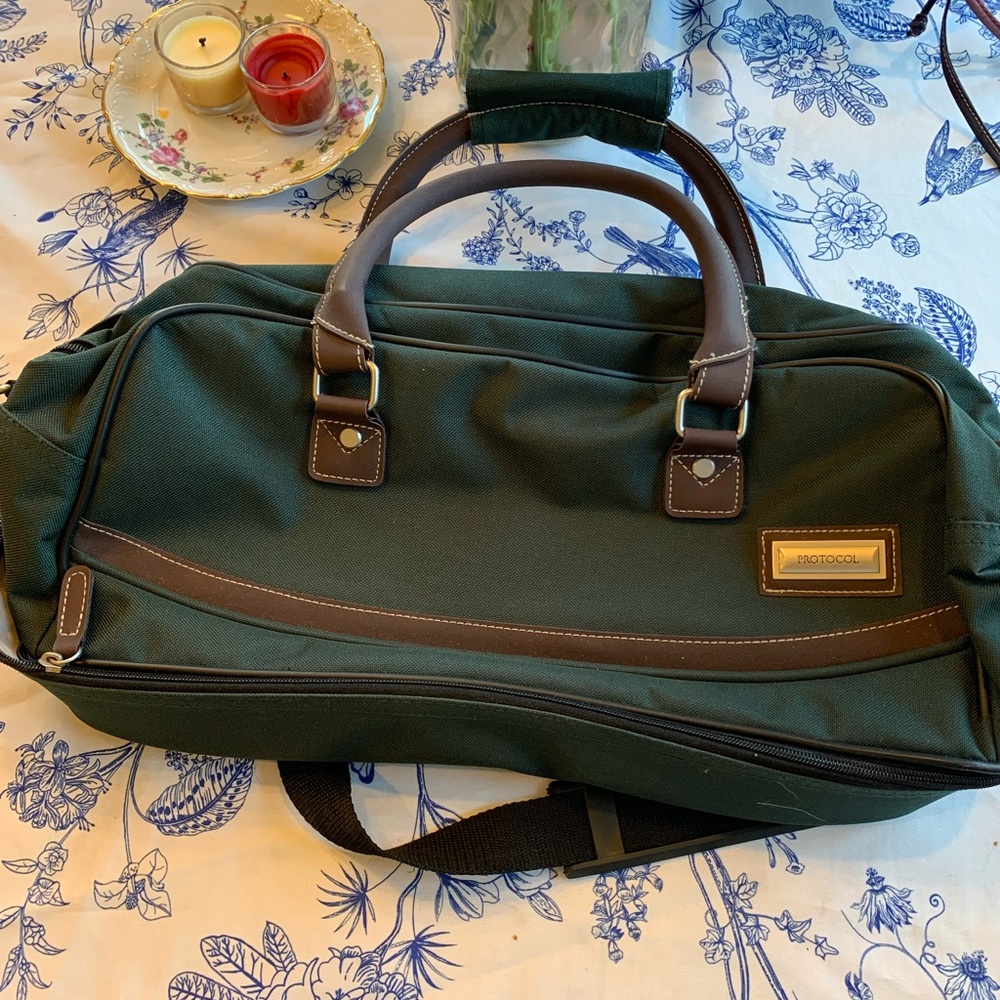 Vintage Protocol Green Canvas Duffel Bag with Brown Trim